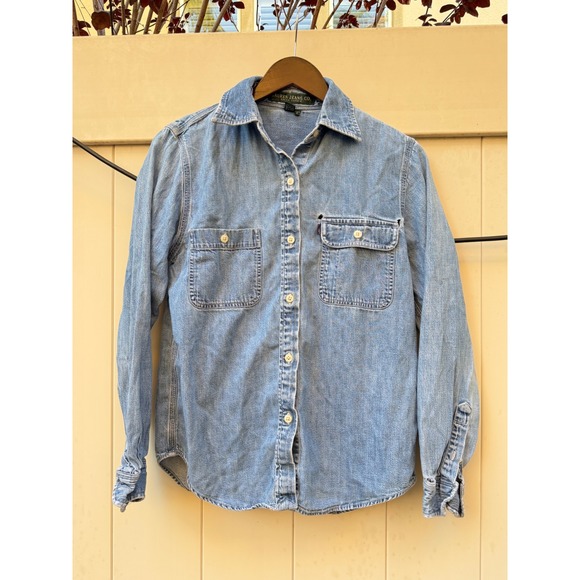 Lauren Jeans Co. Ralph Lauren Tops - Lauren Jeans Co Ralph Lauren Distressed Denim Button Down Shirt Light Wash Blue